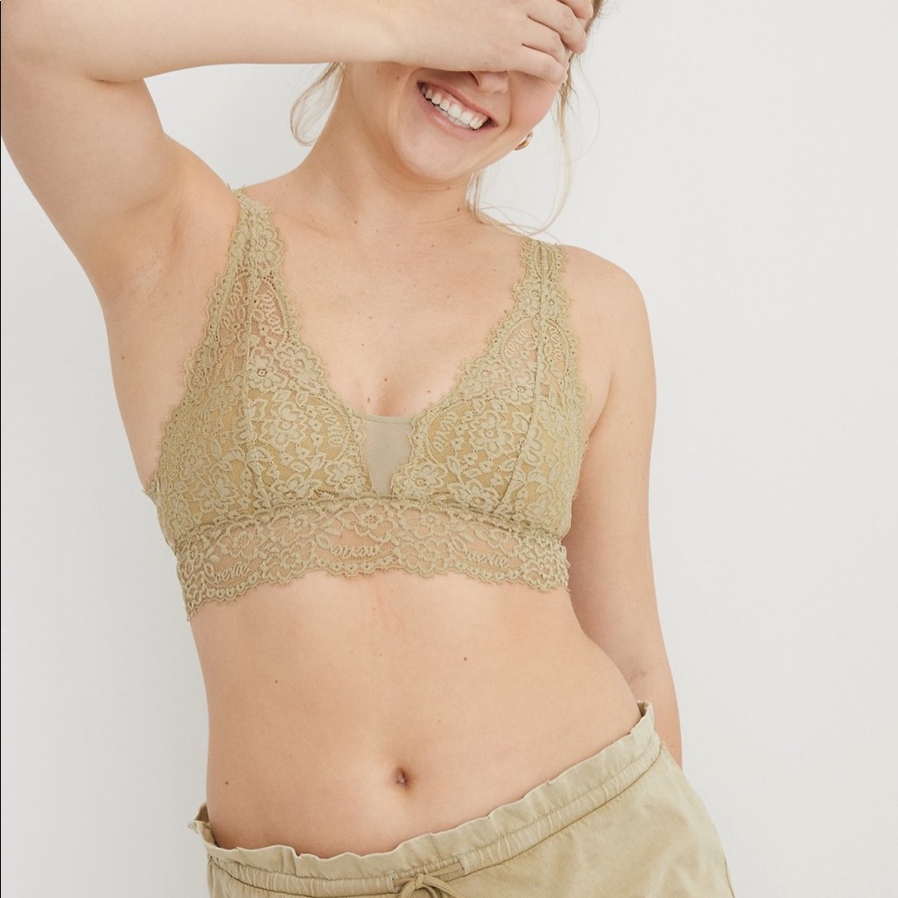 Aerie Eyelash Lace Plunge Bralette Tan.